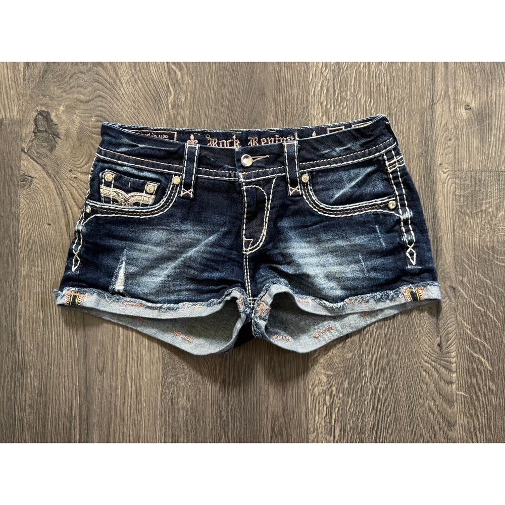 Rock Revival Nancy Shorts 27 Dark Wash Denim Jean Embroidered Distressed NWOT